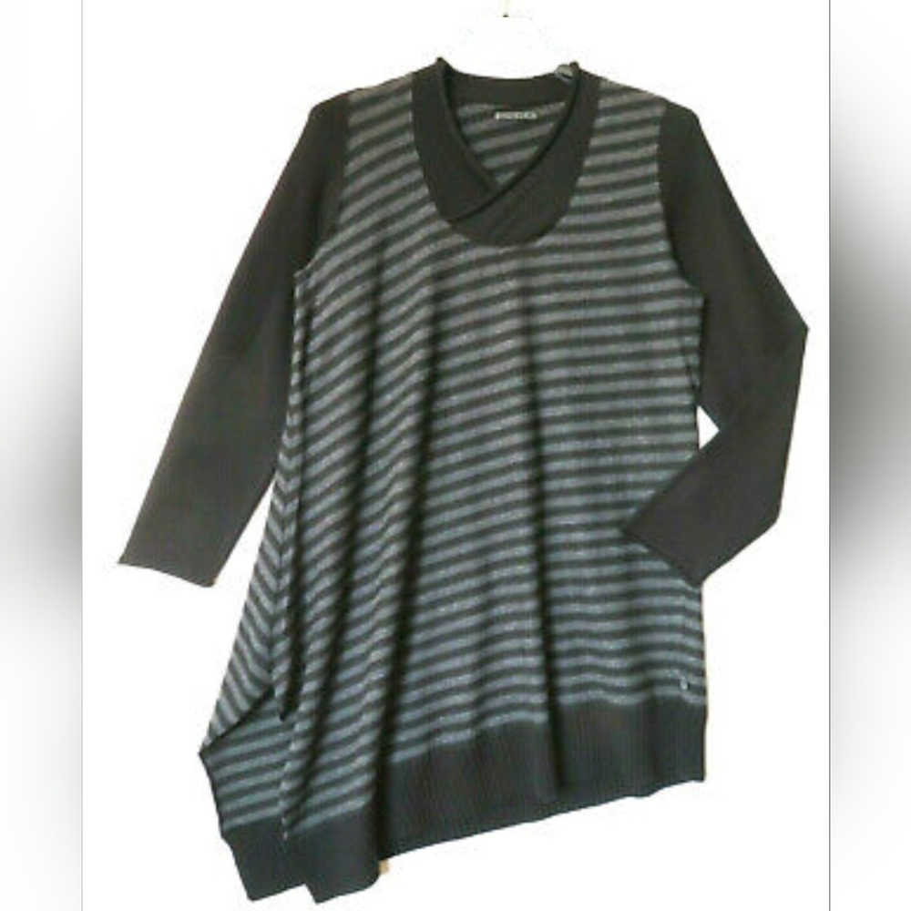 OSKA* German made 100% wool long sleeve asymmetrical hem raw edge sweater